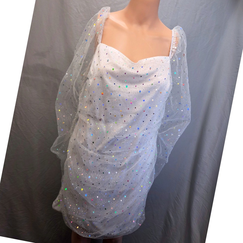 Double Crazy Sequin Mesh Mini Dress Women 2XL White Excellent Puff Sleeve Party